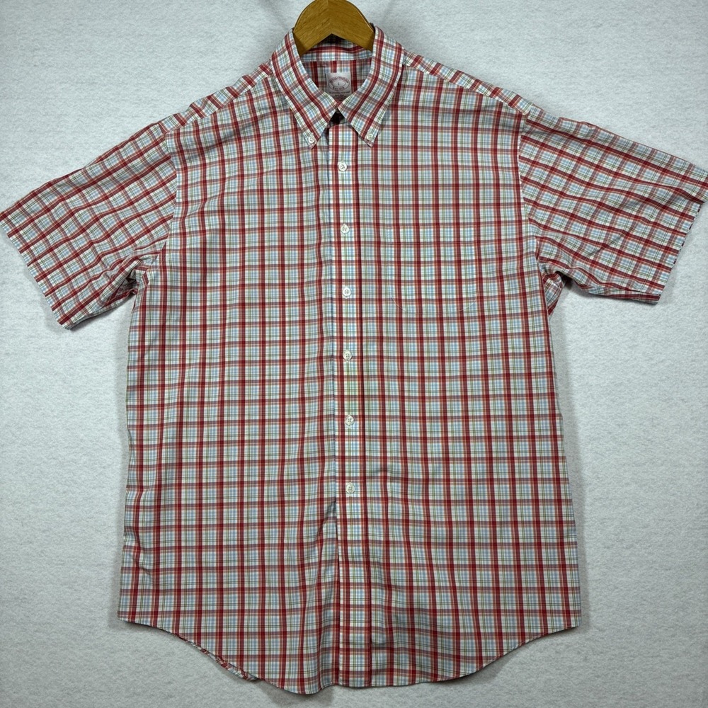 Brooks Brother Short Sleeve Button Down Red Plaid Non Iron 100% Mens Large